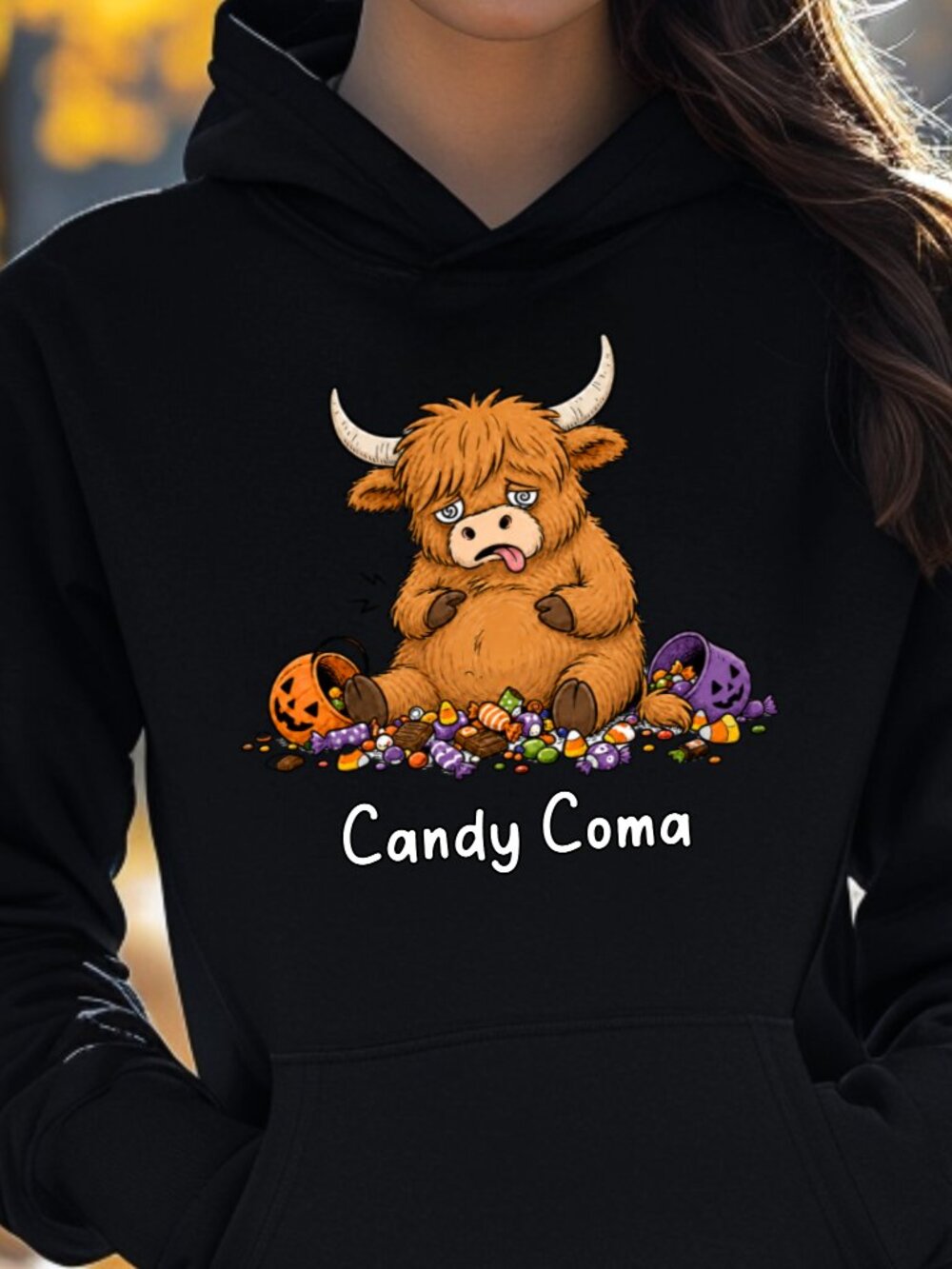 Halloween Highland Cow HOODIE Graphic Sweatshirt Trick Treat Candy Coma Funny